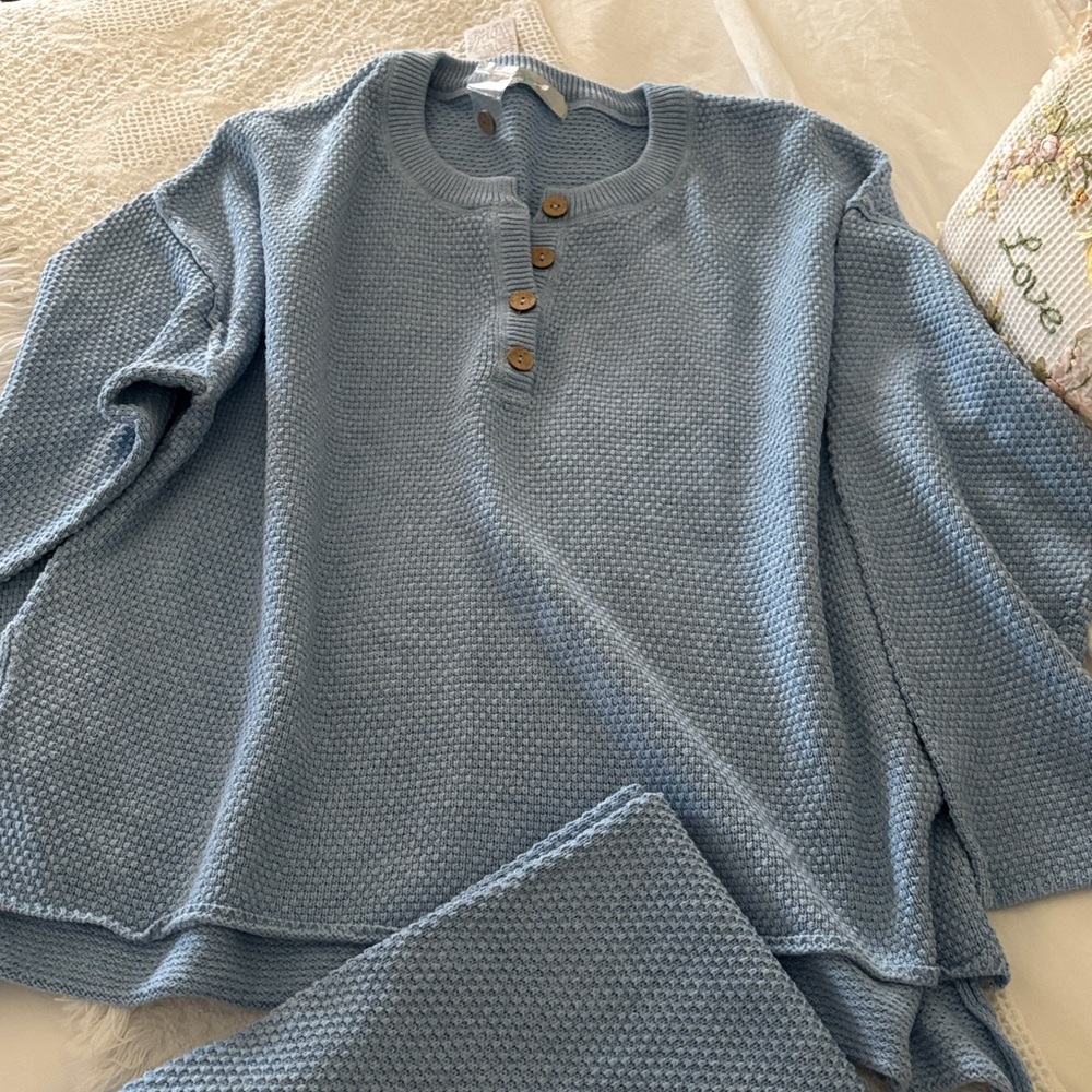 Free People Light Blue Wide Leg HAILEE SWEATER SET Large L NEW WITH TAGS